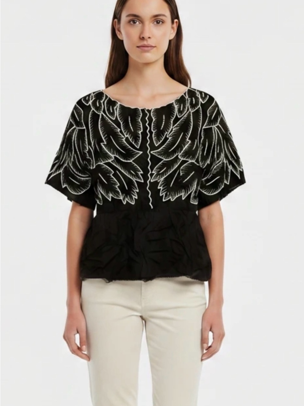 Anthropologie maple Short-Sleeve Embroidered black Top